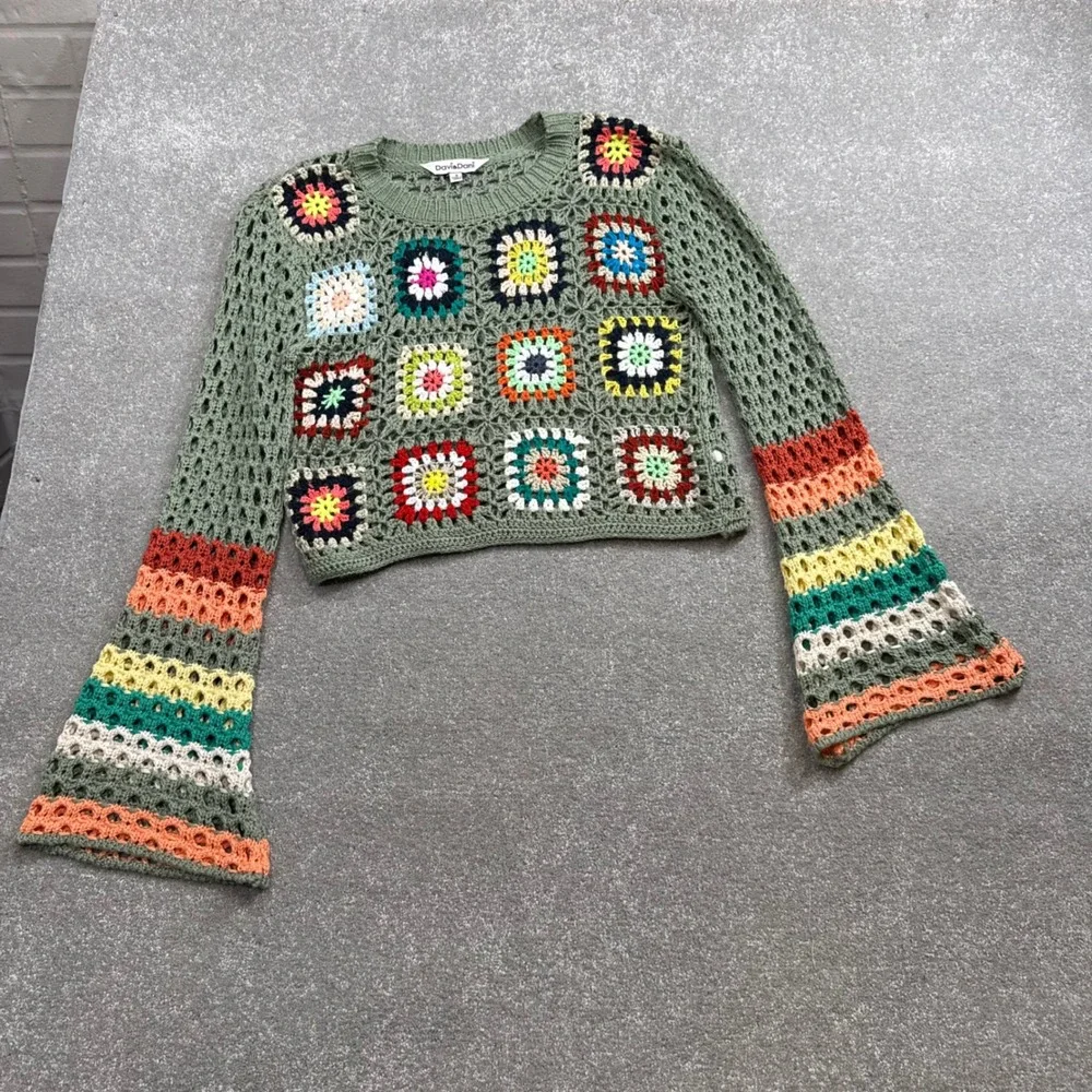 Davi & Dani Crochet Granny Square Bell Sleeve Cropped Sweater S Hippie Festival - Picture 7 of 14
